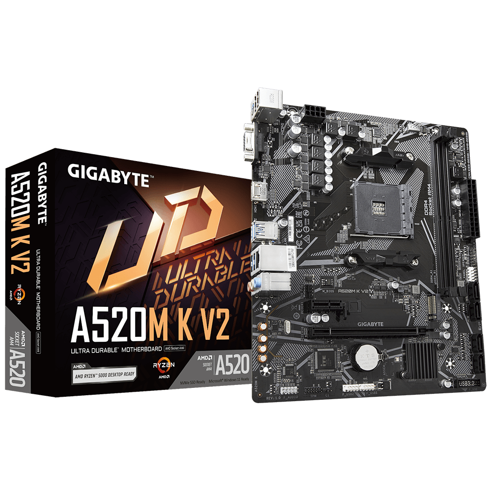 GIGABYTE Ultra Durable AM5 A520 MATX GA-A520M K V2 Motherboard AMD A520 Series (supports AMD Ryzen™ 5000 Series / Ryzen™ 5000 G Series / Ryzen™ 4000 G Series and Ryzen™ 3000 and Ryzen™ 3000 G-Series processors)