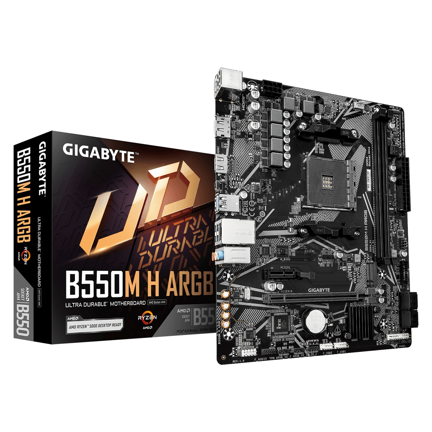 GIGABYTE Ultra Durable AM5 B550 MATX GA-B550M H ARGB MotherboardAMD B550 Series (supports AMD Ryzen™ 5000 Series / Ryzen™ 5000 G Series / Ryzen™ 4000 G Series and Ryzen™ 3000 and Ryzen™ 3000 G-Series processors)