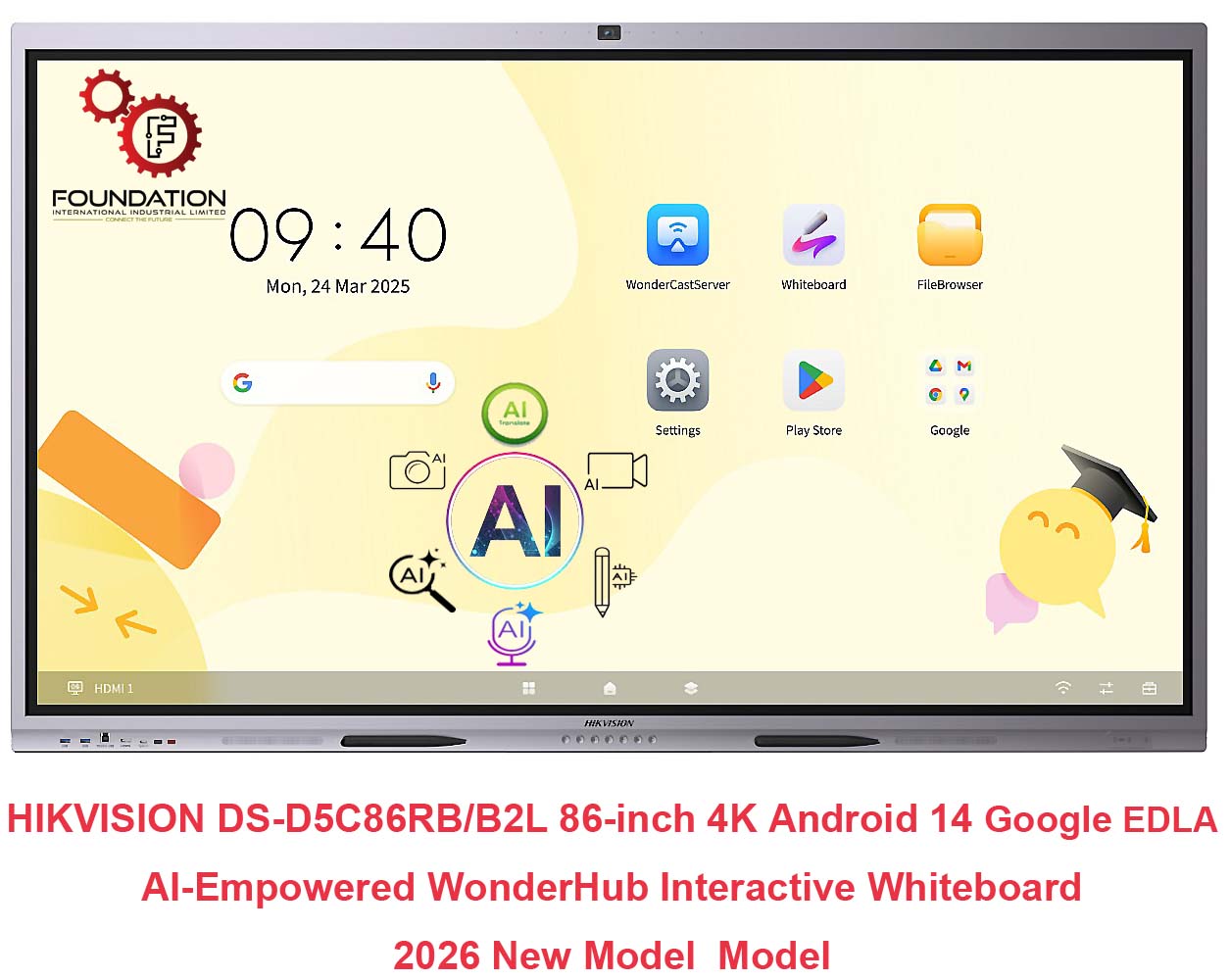 HIKVISION DS-D5C86RB/B2L 86-inch 4K Android 14 Google EDLA AI-Empowered WonderHub Interactive Whiteboard  2026 New Model -- AI 電子互動白板- 學校及商用場合適用