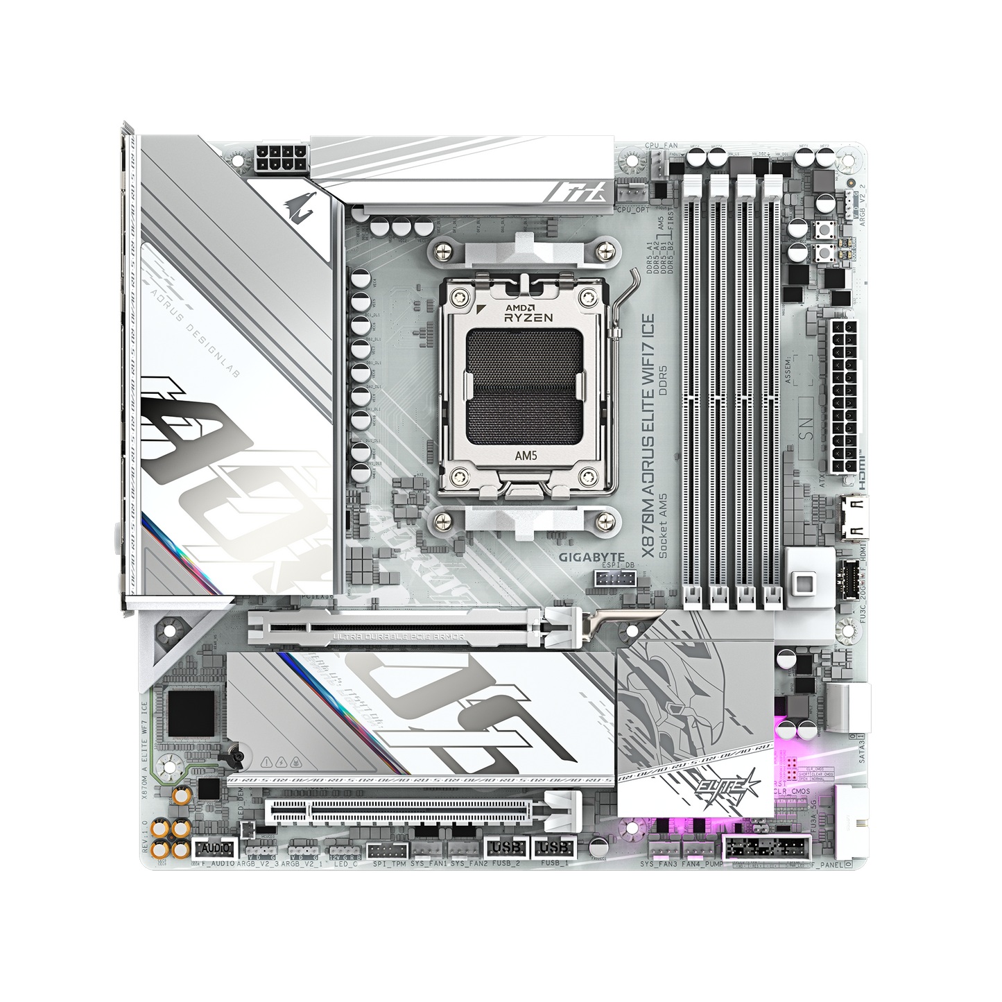 GIGABYTE AORUS AM5 X870 MATX GA-X870M A ELITE WF7 ICE Motherboard  AMD X870 Series (supports AMD Ryzen™ 9000 / Ryzen™ 8000 / Ryzen™ 7000 series processors)